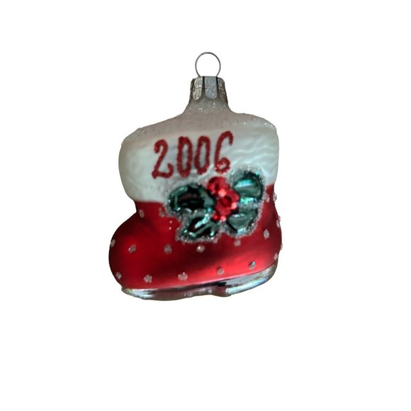 2006 Flocked Santa’s Snow Boot Holly Blown Glass Christmas Ornament Poland 2.5” - Picture 2 of 11